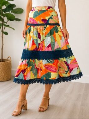 Women’s Tropical Floral Midi Skirt Size L Colorful Lace Trim Lined Boho Resort